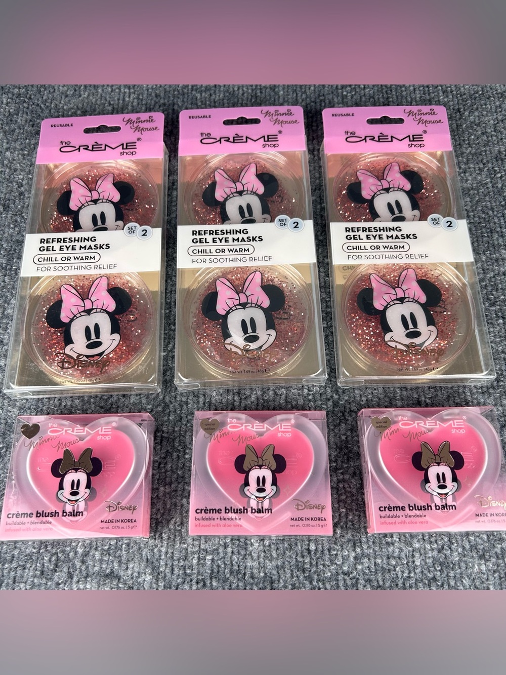 Crème Shop Disney Minnie Mouse Glitter Gel Eye Masks & Heart Blush Balm Lot of 6